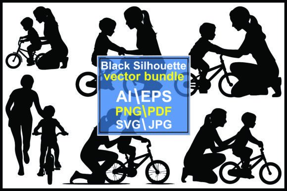 Capturing the Joy of Learning: Silhouettes Adults Children Ride Bicycle