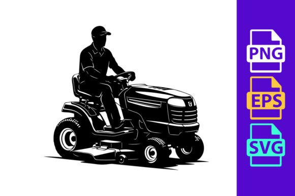 Man Riding a Lawn Mower Tractor: A Bold, Quirky Design Asset