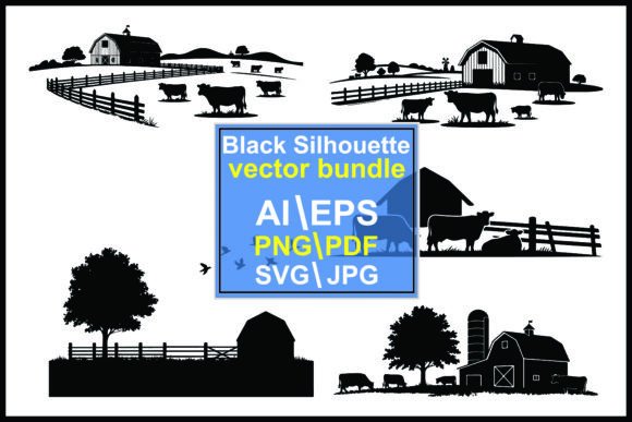 Timeless Countryside: Silhouettes Farm Scenes with Barns Cows